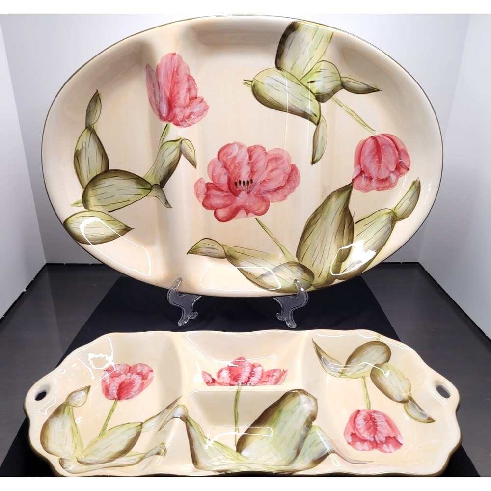 STYLE EYES By Baum Bros Divided Serving Platters Pink Tulips - Beautiful!